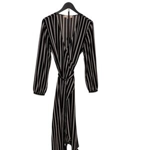 LOFT Black White Striped Wrap Dress Women’s Size L Long Sleeve V-Neck Midi